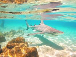 tiburones nadando en cristal claro aguas foto