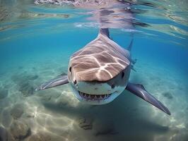 tiburones nadando en cristal claro aguas foto