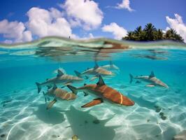 tiburones nadando en cristal claro aguas foto