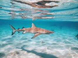 tiburones nadando en cristal claro aguas foto