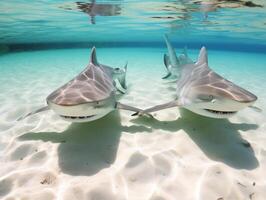 tiburones nadando en cristal claro aguas foto