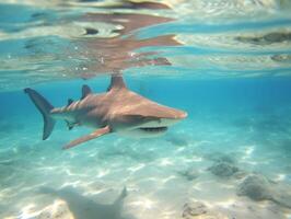 tiburones nadando en cristal claro aguas foto