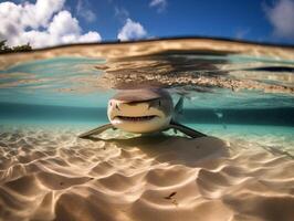 tiburones nadando en cristal claro aguas foto