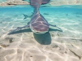 tiburones nadando en cristal claro aguas foto