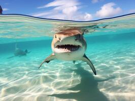 tiburones nadando en cristal claro aguas foto