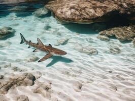 tiburones nadando en cristal claro aguas foto