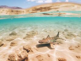 tiburones nadando en cristal claro aguas foto