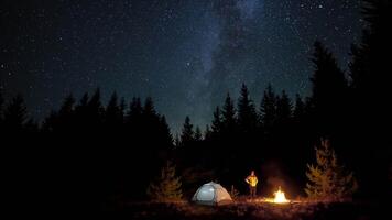 A man with a lantern near a bonfire and tent in night forest. The Stars and Milky Way move in the night sky. Travel concept. 4K video