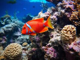 Fish is swimming among the coral reef photo