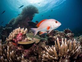 Fish is swimming among the coral reef photo