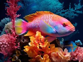 Fish is swimming among the coral reef photo