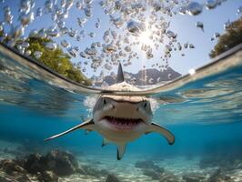 tiburones nadando en cristal claro aguas foto