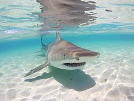 tiburones nadando en cristal claro aguas foto