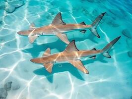 tiburones nadando en cristal claro aguas foto