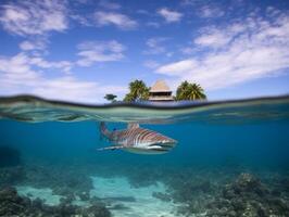 tiburones nadando en cristal claro aguas foto