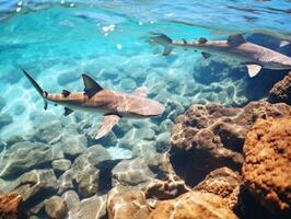 Sharks swimming in crystal clear waters photo