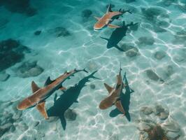 tiburones nadando en cristal claro aguas foto