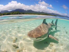 tiburones nadando en cristal claro aguas foto