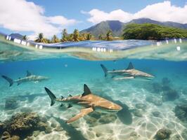 tiburones nadando en cristal claro aguas foto