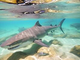 Sharks swimming in crystal clear waters photo