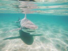 tiburones nadando en cristal claro aguas foto