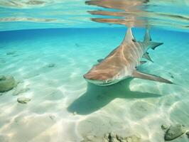 tiburones nadando en cristal claro aguas foto