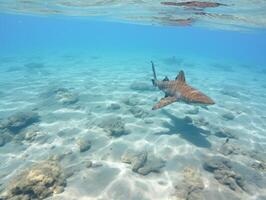 tiburones nadando en cristal claro aguas foto