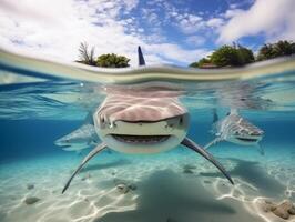 tiburones nadando en cristal claro aguas foto