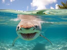 tiburones nadando en cristal claro aguas foto