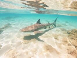 tiburones nadando en cristal claro aguas foto