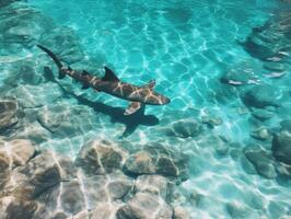 tiburones nadando en cristal claro aguas foto