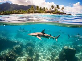 tiburones nadando en cristal claro aguas foto