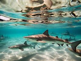 Sharks swimming in crystal clear waters photo