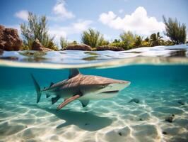 tiburones nadando en cristal claro aguas foto