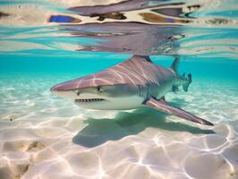 tiburones nadando en cristal claro aguas foto