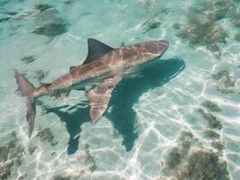 tiburones nadando en cristal claro aguas foto