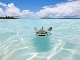 tiburones nadando en cristal claro aguas foto