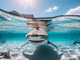 tiburones nadando en cristal claro aguas foto