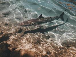 tiburones nadando en cristal claro aguas foto