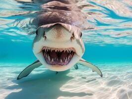 tiburones nadando en cristal claro aguas foto