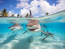 tiburones nadando en cristal claro aguas foto