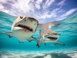 tiburones nadando en cristal claro aguas foto