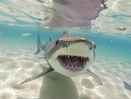 tiburones nadando en cristal claro aguas foto