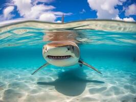 tiburones nadando en cristal claro aguas foto