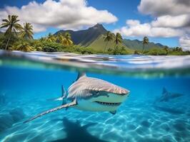 tiburones nadando en cristal claro aguas foto