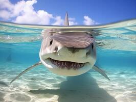 tiburones nadando en cristal claro aguas foto