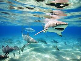 tiburones nadando en cristal claro aguas foto