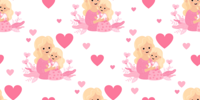 Seamless pattern with happy blonde woman with daughter in pink png