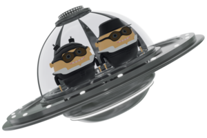 3D ball personage flying on a spaceship black png