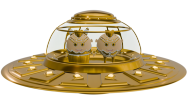 3D ball personage flying on a spaceship gold png